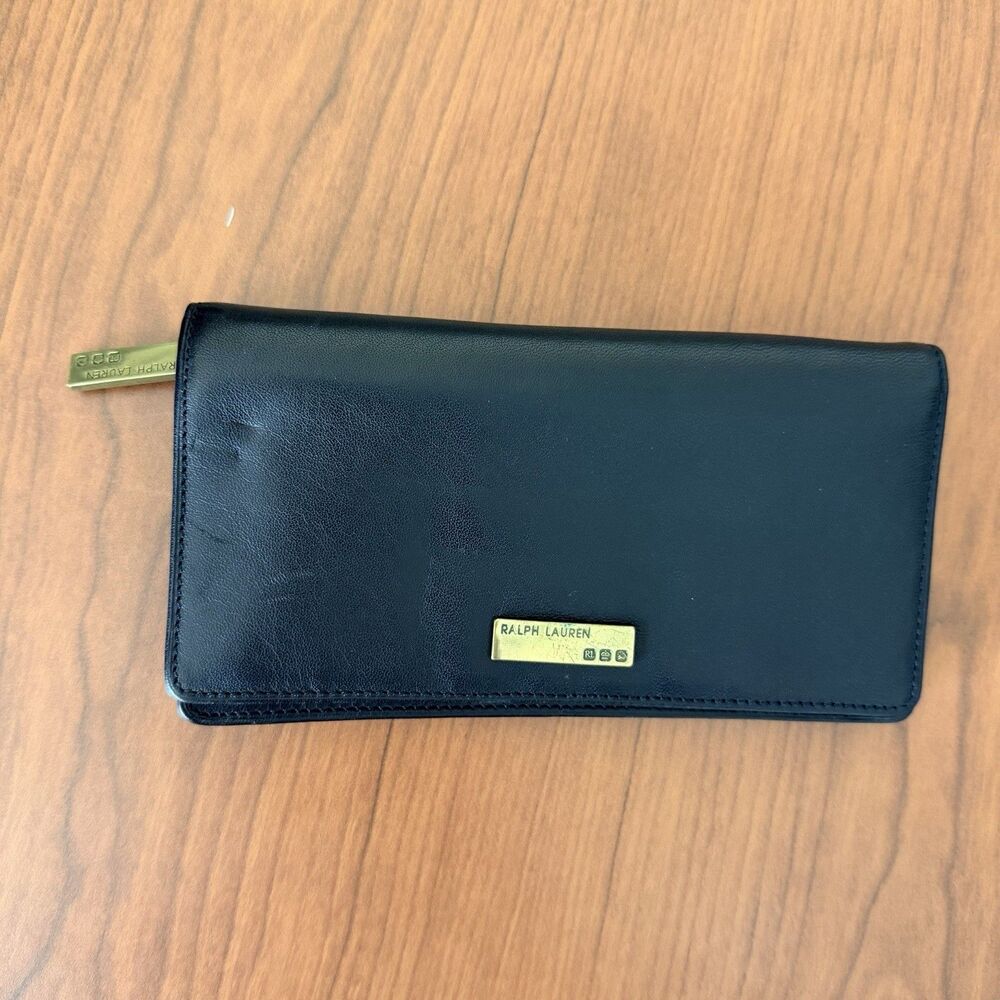 Vintage Ralph Lauren Black Leather Wallet Clutch Organizer Gold Tone Zip